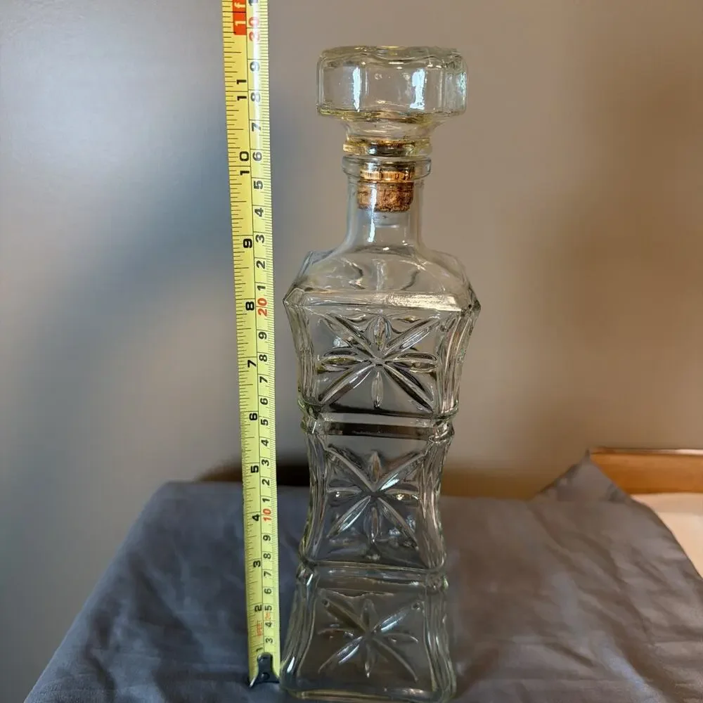 Vintage 1960 Cut Glass Liquor Decanter Cork Stopper Mid Century Barware GW993